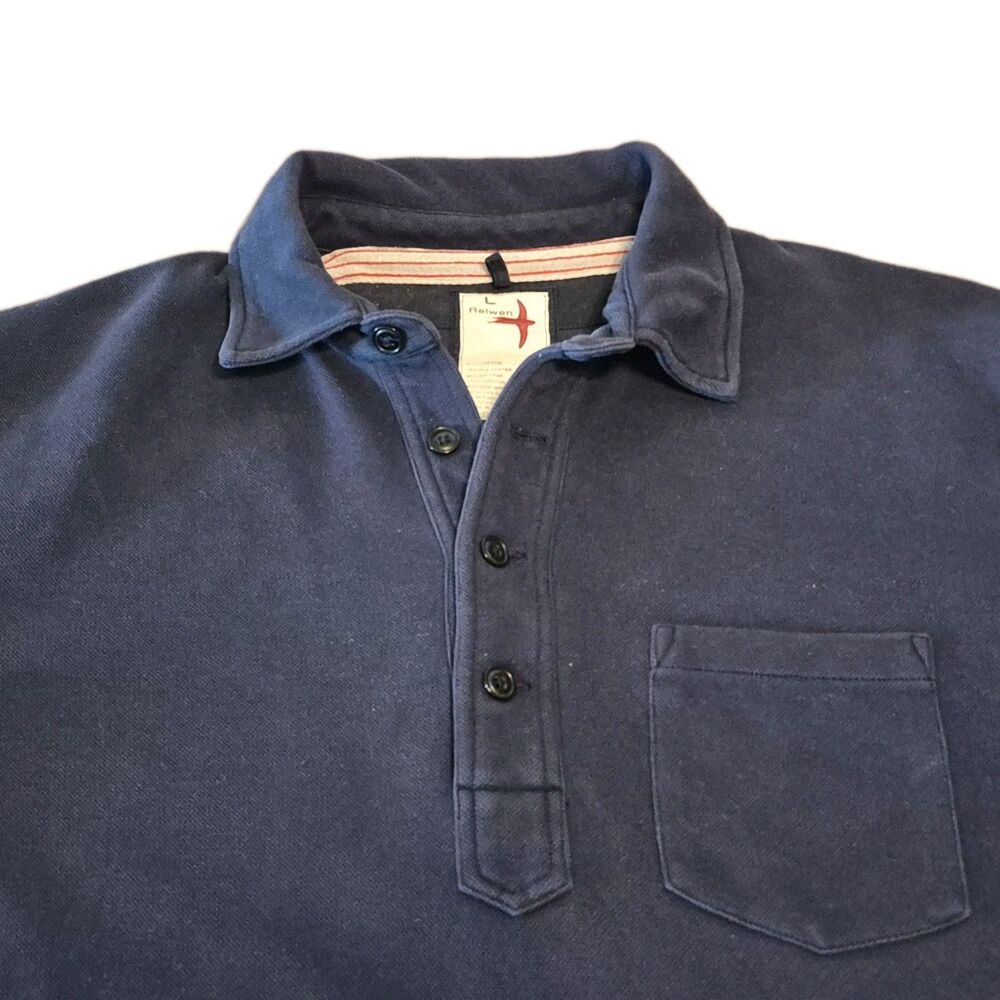 Relwen Rugby Polo Size Large Navy Blue Thick Pique Long Sleeve Pocket Sweater